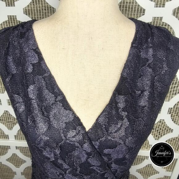 Coldwater Creek NWT Metallic Slate Gray Floral Lace Twisted Waist Dress Size 14 - Picture 3 of 13